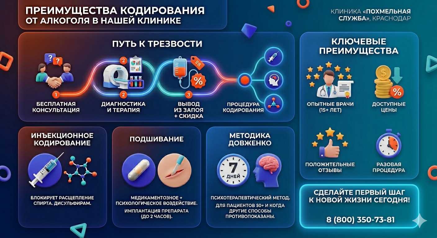 Инфографика о методах кодирования от алкоголя в Кубинке: инъекции, подшивание, метод Довженко. Преимущества клиники и этапы лечения.