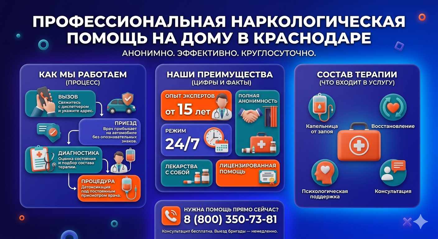Инфографика о принципах лечения алкоголизма на дому в Кубинке: этапы вызова нарколога, преимущества анонимной детоксикации и состав медицинской помощи.